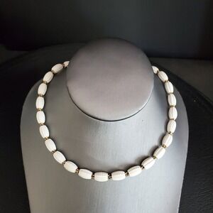 Monet Vintage White Ribbed Bead Necklace Gold Tone Adjustable Choker Statement